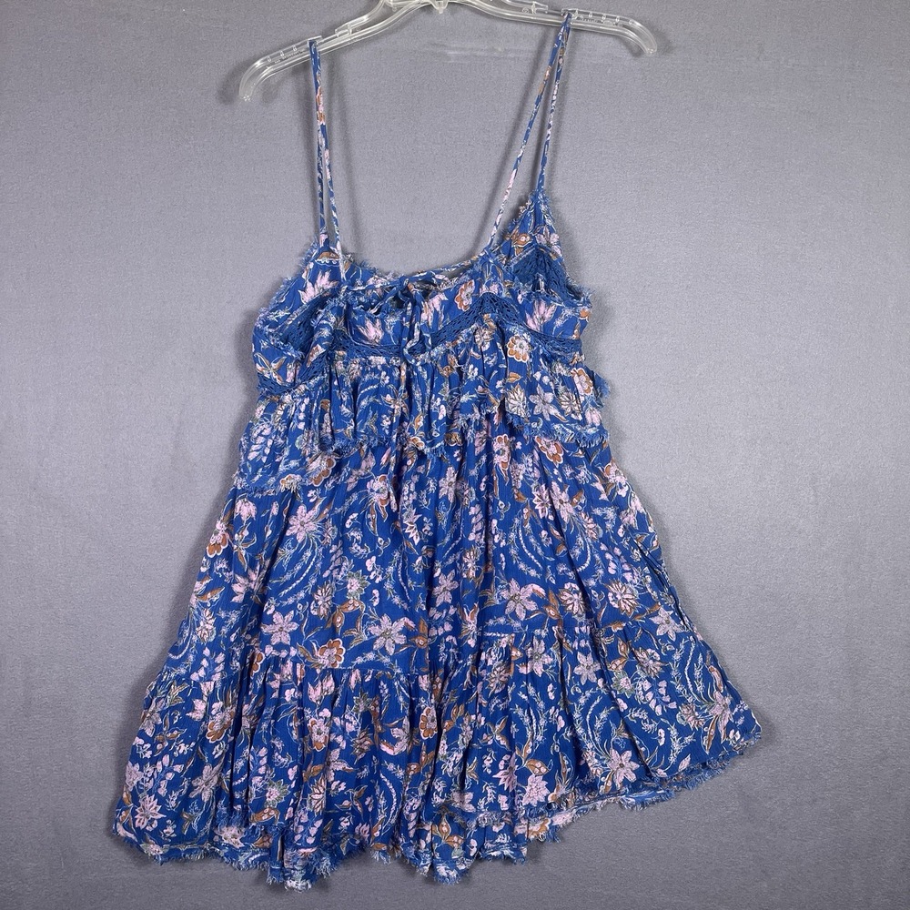 Free People Mini Dress Women L Blue Floral Sleeveless Tiered Boho Ruffle - Picture 2 of 6